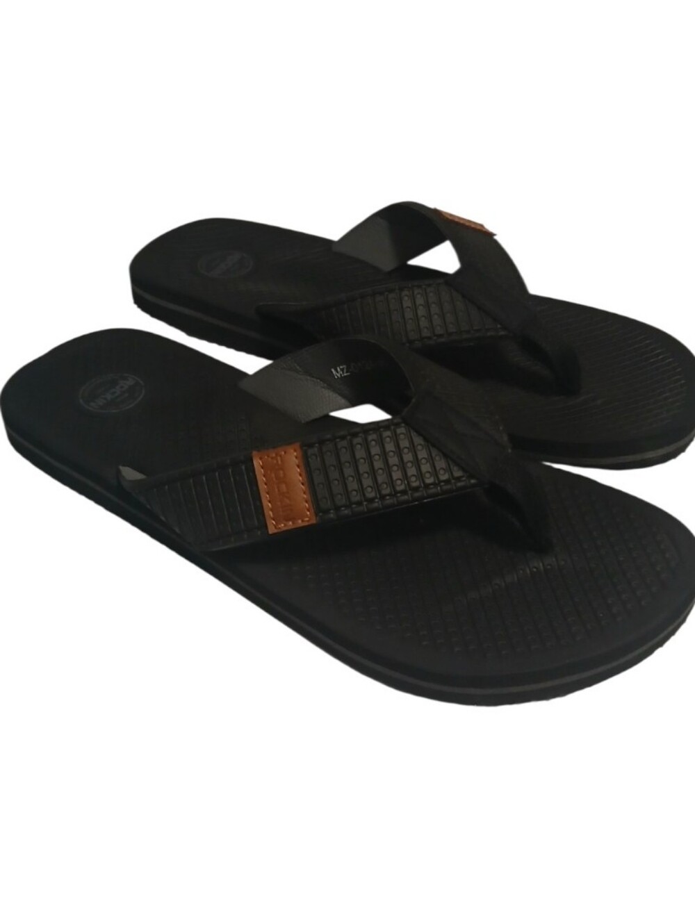 Rockin Footwear Men Black Brown Brand Logo Flip Flops-Size 11